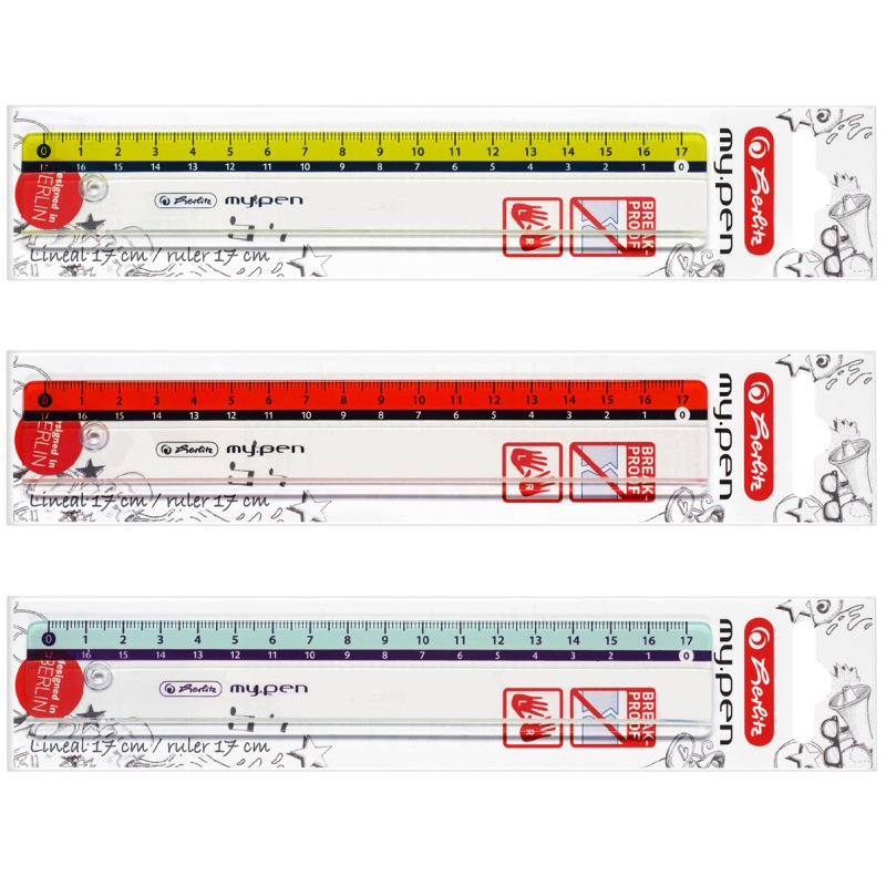 herlitz plastic liniaal, 170 mm, geel/rood/blauw